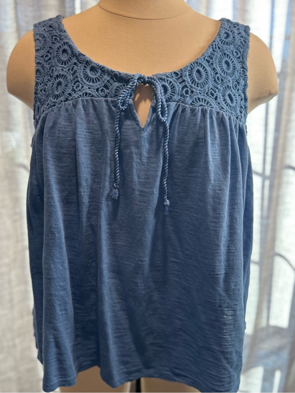 Wonderly Blue Crochet Yoke Tank with Tie Front